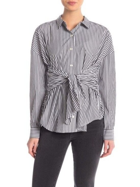 Frame Noir Multi Striped Button-Up Shirt With Front Tie - Picture 2 of 7